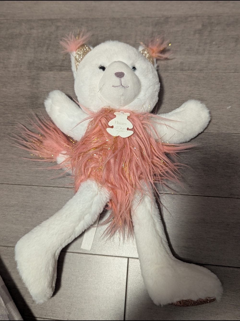 Plush White Lynx with Pink Feathered Bodice Histoire D'Ours Paris